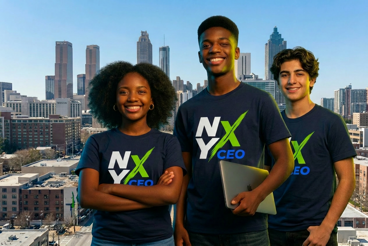 Three confident teen entrepreneurs in matching NXY CEO t-shirts standing in front of the Atlanta skyline